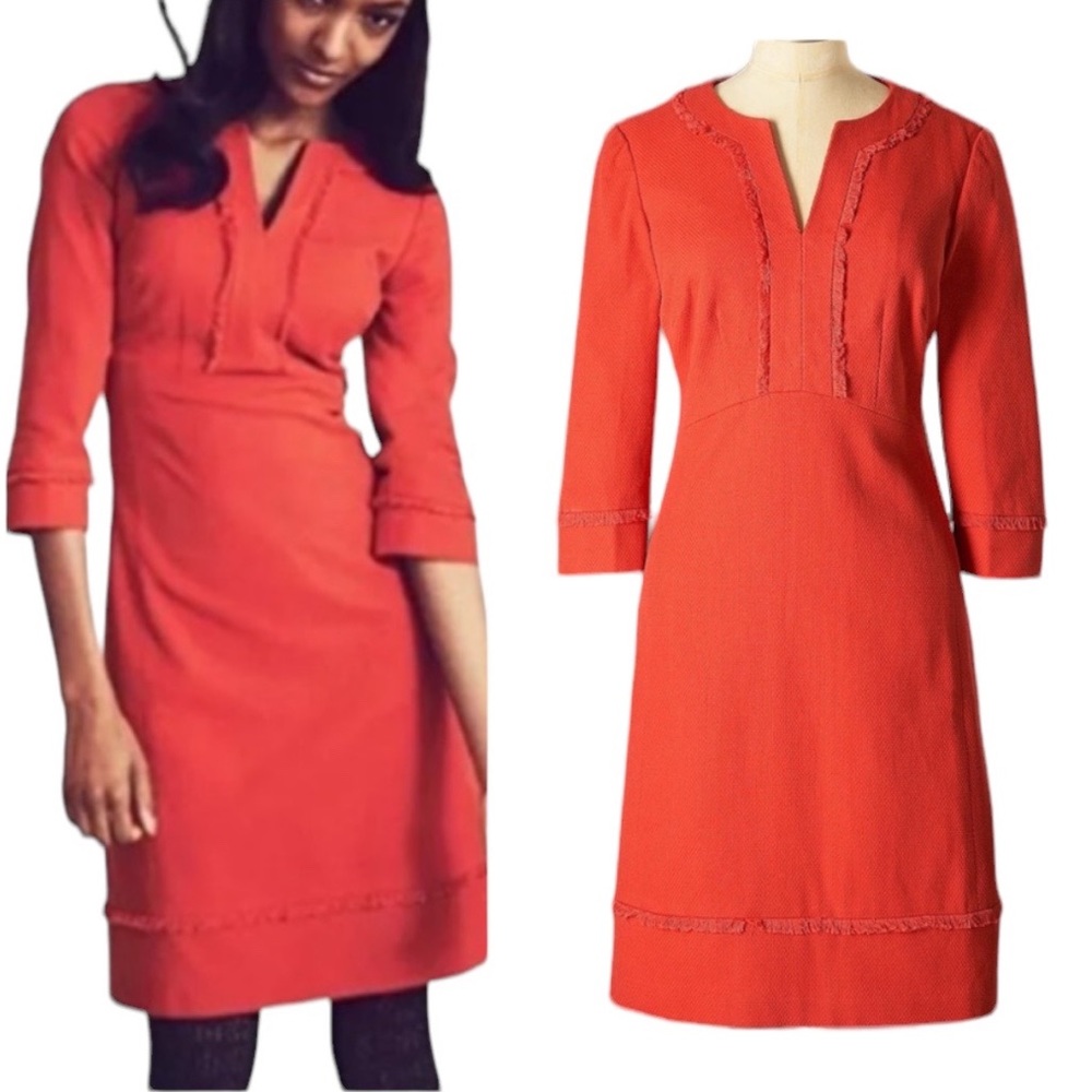 Boden Red Orange Textured Fringe Hem Mini Dress - 6 - Picture 1 of 15